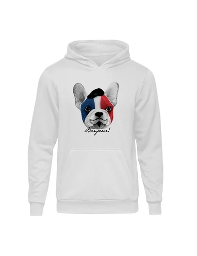 Needion - Casual French Bulldog Flag Beyaz Kapşonlu Hoodie Unisex