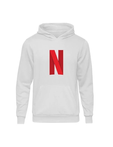 Needion - Casual Netflix Logo Beyaz Kapşonlu Hoodie Unisex