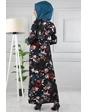 Needion - Çiçek Desenli Beli Kuşaklı Tesettür Elbise AZ1015 Siyah 04 L 