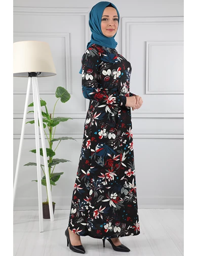 Needion - Çiçek Desenli Beli Kuşaklı Tesettür Elbise AZ1015 Siyah 04