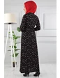 Needion - Çiçek Desenli Beli Kuşaklı Tesettür Elbise AZ1015 Siyah 07 3XL 