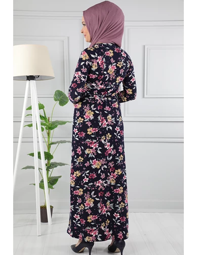 Needion - Çiçek Desenli Beli Kuşaklı Tesettür Elbise AZ1015 Siyah 09