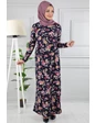 Needion - Çiçek Desenli Beli Kuşaklı Tesettür Elbise AZ1015 Siyah 09 XL 