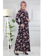 Needion - Çiçek Desenli Beli Kuşaklı Tesettür Elbise AZ1015 Siyah 09 XL 