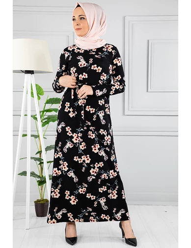 Needion - Çiçek Desenli Beli Kuşaklı Tesettür Elbise AZ1015 Siyah 15