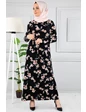 Needion - Çiçek Desenli Beli Kuşaklı Tesettür Elbise AZ1015 Siyah 15 XXL 