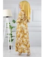 Needion - Çiçek Desenli Beli Kuşaklı Tesettür Elbise AZ1016 Hardal S-M 