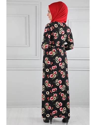Needion - Çiçek Desenli Beli Kuşaklı Tesettür Elbise AZ1026 Siyah