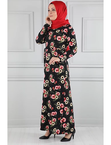 Needion - Çiçek Desenli Beli Kuşaklı Tesettür Elbise AZ1026 Siyah