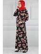 Needion - Çiçek Desenli Beli Kuşaklı Tesettür Elbise AZ1026 Siyah 3XL 