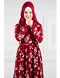 Needion - Çiçek Desenli Beli Kuşaklı Tesettür Elbise Kırmızı 01 S-M 