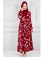 Needion - Çiçek Desenli Beli Kuşaklı Tesettür Elbise Kırmızı 01 S-M 