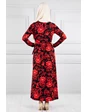 Needion - Çiçek Desenli Beli Kuşaklı Tesettür Elbise Kırmızı 02 S-M 