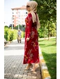 Needion - Çiçek Desenli Beli Kuşaklı Tesettür Elbise Kırmızı 03 2xl
