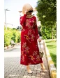 Needion - Çiçek Desenli Beli Kuşaklı Tesettür Elbise Kırmızı 03 2xl