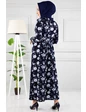Needion - Çiçek Desenli Beli Kuşaklı Tesettür Elbise Lacivert 09 L-XL 