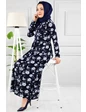 Needion - Çiçek Desenli Beli Kuşaklı Tesettür Elbise Lacivert 09 L-XL 