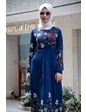 Needion - Çiçek Desenli Beli Kuşaklı Tesettür Elbise Mavi 01 S-M 