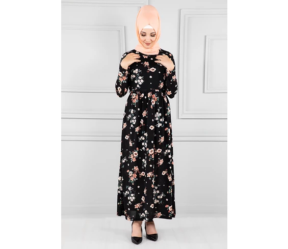 Needion - Çiçek Desenli Beli Kuşaklı Tesettür Elbise Siyah