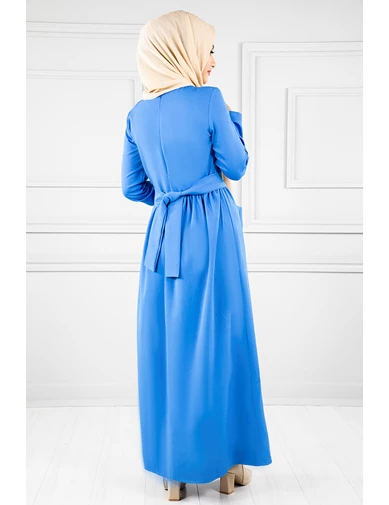Needion - Çiçek İşlemeli Kemerli Tesettür Elbise Mavi
