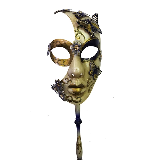 Needion - Çiçekli Orjinal Masquerade Sopalı Venedik Maskesi El İşlemeli Mavi Renk