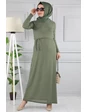 Needion - Çizgi Desenli Beli Kuşaklı Tesettür Elbise AZ1015 Yeşil XXL 
