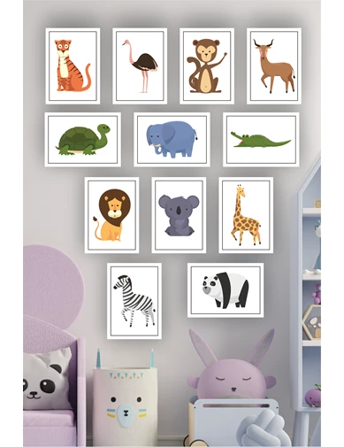 Needion - Çocuk & Bebek Odası 12 Parça Hayvanlar Animals MDF Duvar Dekorasyonu