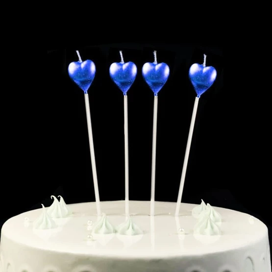 Needion - Çubuklu Metalize Kalp Mum Doğum Günü Mumu Mavi 4 Adet