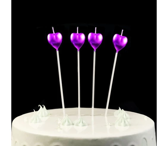 Needion - Çubuklu Metalize Kalp Mum Doğum Günü Mumu Mor 4 Adet