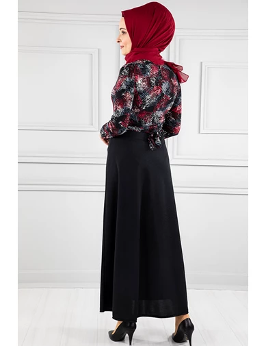 Needion - Desen Kuşaklı Tesettür Elbise RB20135 Siyah