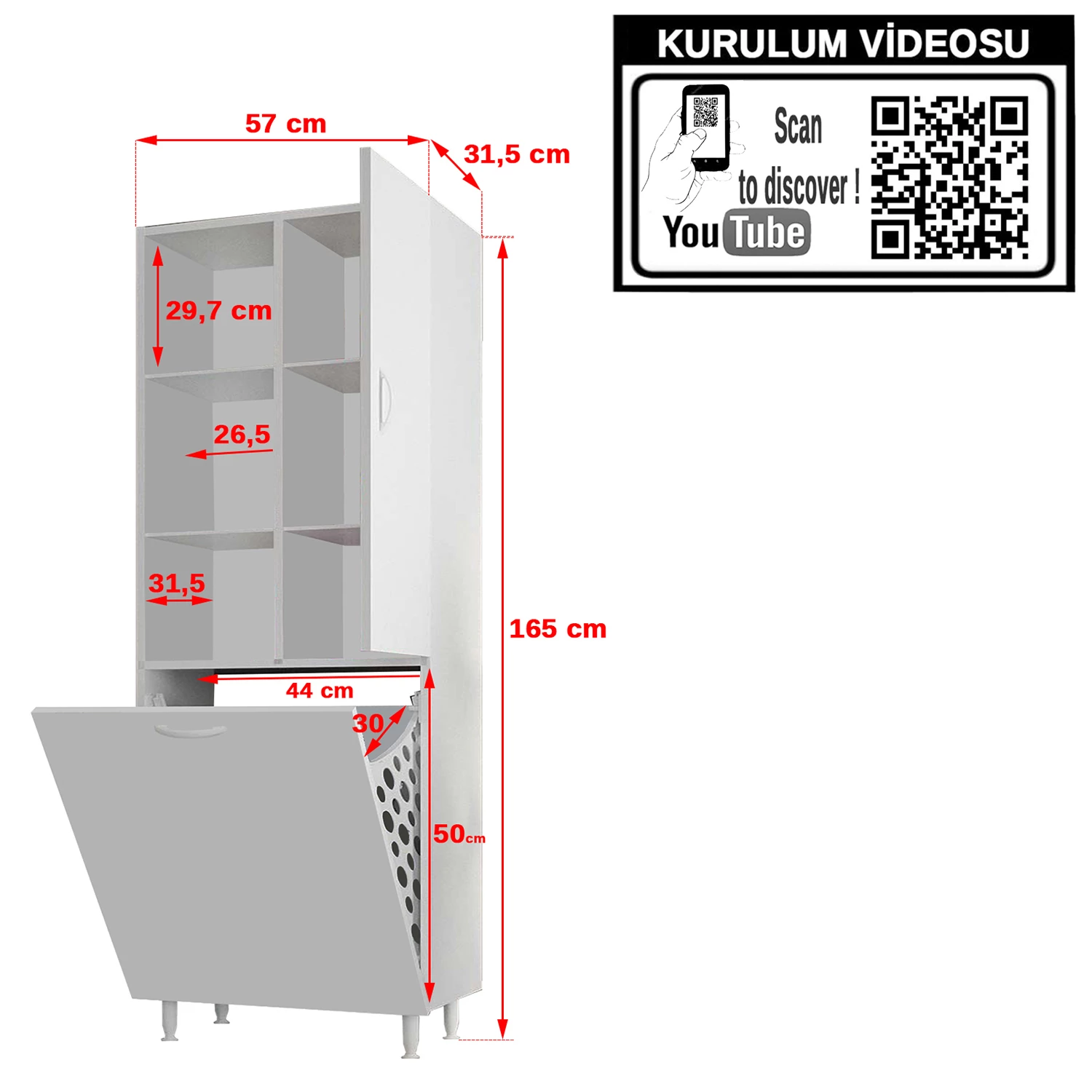 DİLSU 57x165 Cm Kirli Çamaşır Sepetli Banyo Dolabı, Erzak Sepetli ...