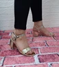 Needion - Dore Renk Aynalı 5cm Kare Topuk Tek Bant Topuklu Ayakkabı Dore 35