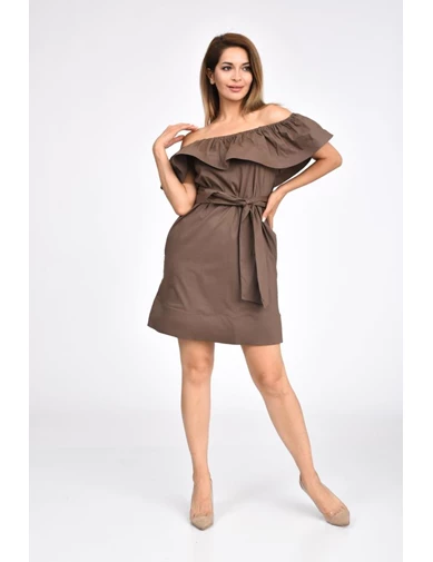 Needion - Düşük Omuzlu Volanlı Kahverengi Kadın Elbise