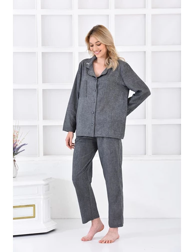 Needion - Ecocotton Helen Kadın Pijama Takımı %100 Organik Pamuk Keten Karışımlı Antrasit