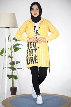 Needion - Ekose Desen Tshırt Gömlek Tesettür Takım Sarı