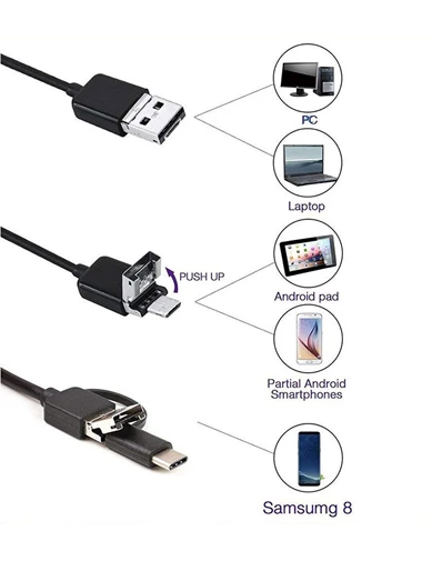 Needion - Endoskop 3 in 1 Yılan Kamera USB Micro Usb Type-C 2M Sert Kablo