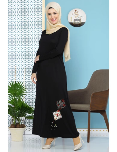 Needion - Eteği İşlemeli Likralı Tesettür Elbise Siyah tr