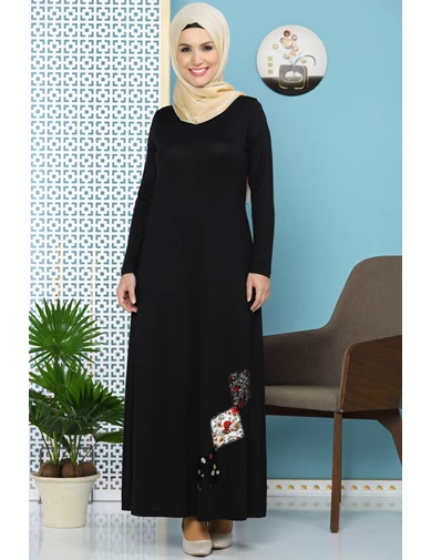 Needion - Eteği İşlemeli Likralı Tesettür Elbise Siyah tr
