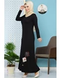 Needion - Eteği İşlemeli Likralı Tesettür Elbise Siyah tr S 