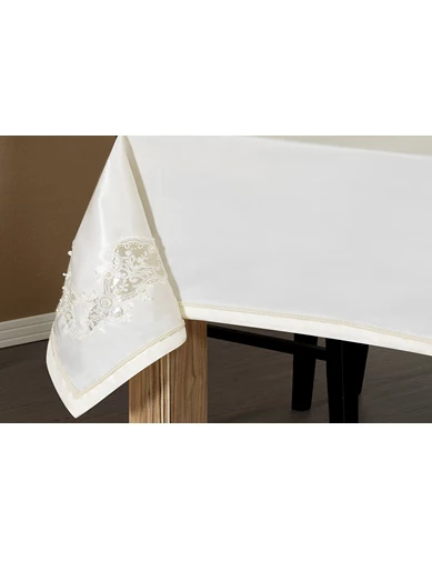 Needion - Finezza Anjelica İncili Güpürlü Monoray Kumaş Beyaz Masa Örtüsü 170x330cm - 1020