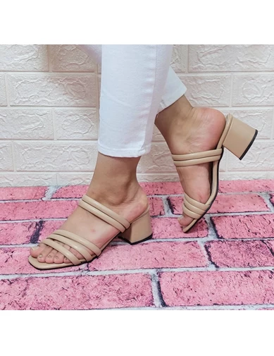 Needion - Fiyra 7010 Vizon Üç Bant Terlik Sandalet Bayan Topuklu Ayakkabı