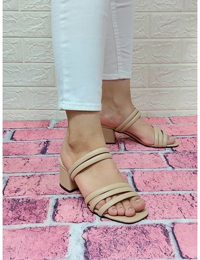 Needion - Fiyra 7010 Vizon Üç Bant Terlik Sandalet Bayan Topuklu Ayakkabı