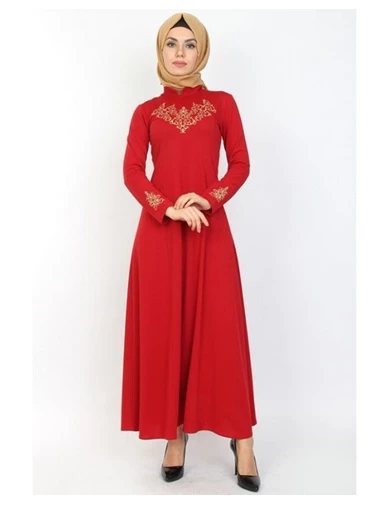 Needion - Gold Desenli Elbise Kırmızı 3000
