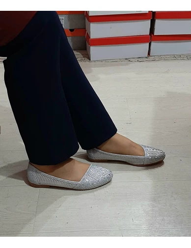 Needion - Gümüş Çapraz Simli, El Yapımı Şık Bayan Babet Ayakkabı