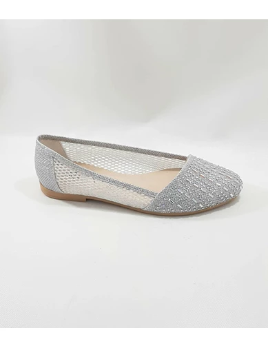 Needion - Gümüş Çapraz Simli, El Yapımı Şık Bayan Babet Ayakkabı