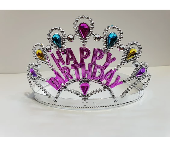 Needion - Gümüş Renk Happy Birthday Yazılı Doğum Günü Tacı 60 cm
