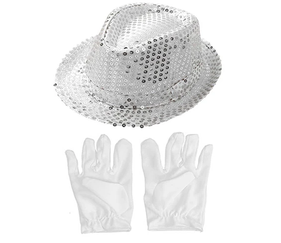 Needion - Gümüş Renk Payetli Çocuk Şapkası ve Beyaz Renk Çocuk Eldiveni
