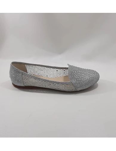 Needion - Gümüş Taşlı Fileli, El Yapımı Şık Bayan Babet Ayakkabı