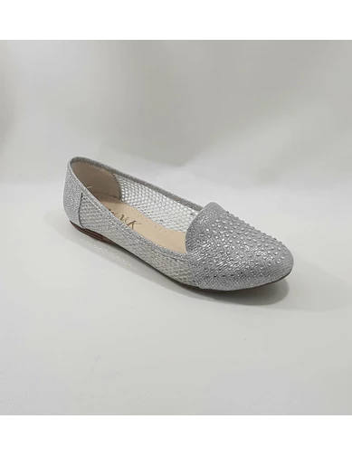 Needion - Gümüş Taşlı Fileli, El Yapımı Şık Bayan Babet Ayakkabı