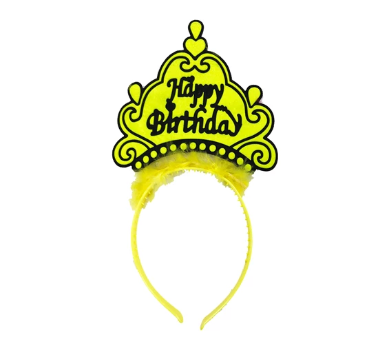 Needion - Happy Birthday Yazılı Neon Sarı Renk Doğum Günü Tacı